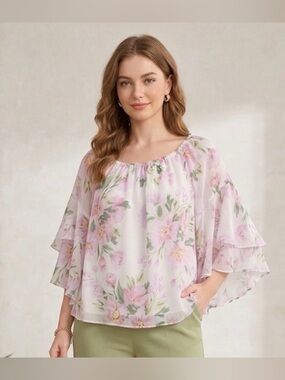 CeCe Pale Pink Floral Layered Chiffon Blouse